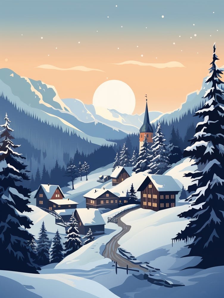 Winter Travel Night Illustration Lech Austria 1