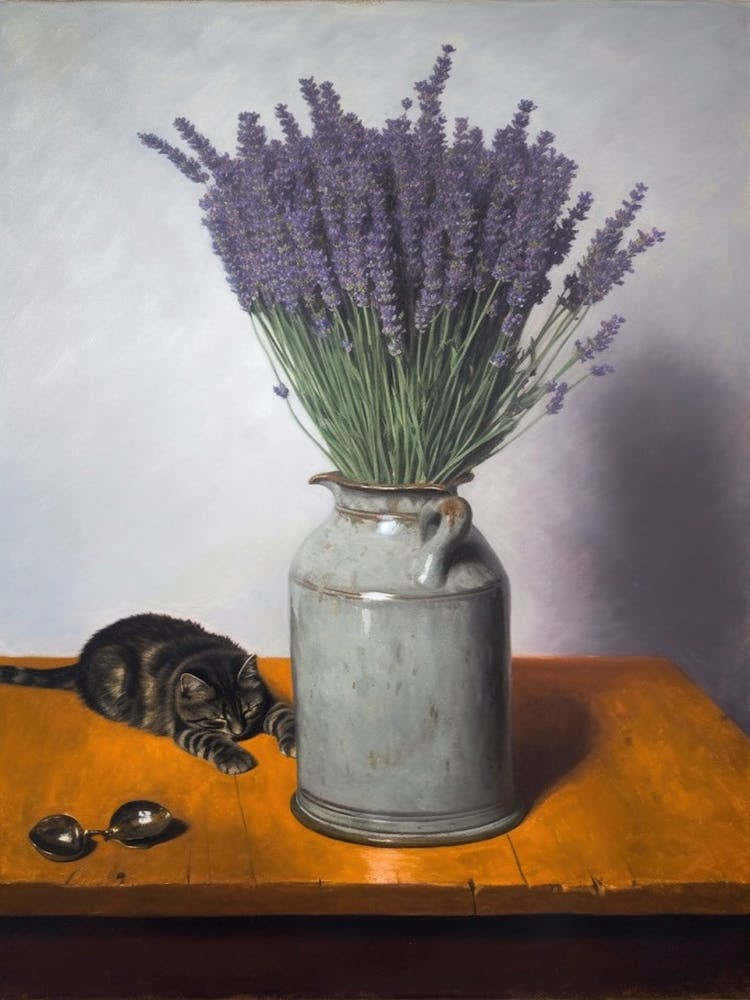 Painting Of A Still Life Of A Lavender With A Cat, Realism2