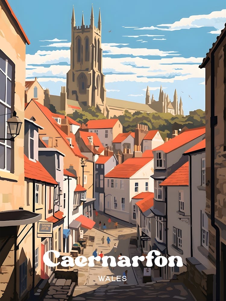Caernarfon Wales Street view Travel Illustration