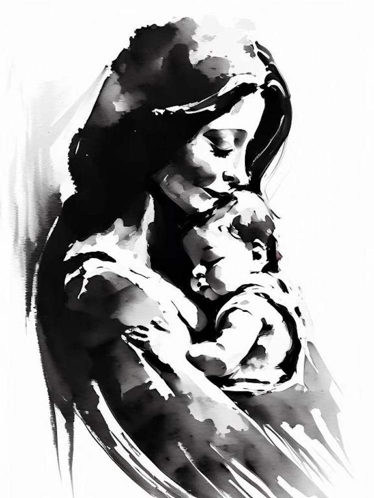 Mother And Child Symbol Symbol Black And White Painting