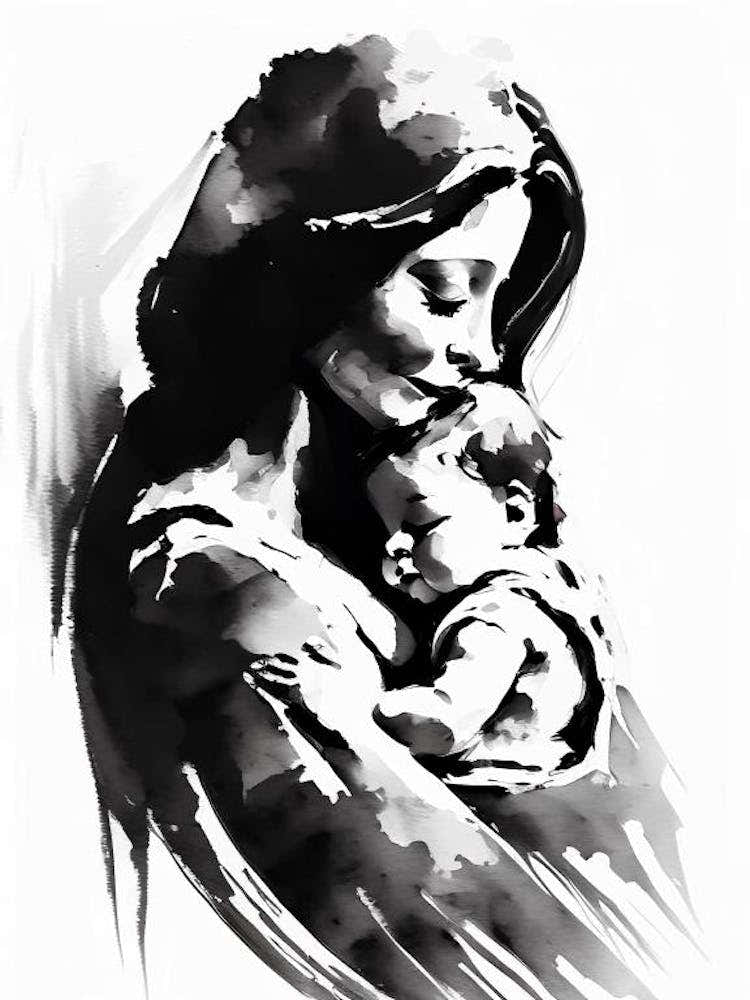 Mother And Child Symbol Symbol Black And White Painting
