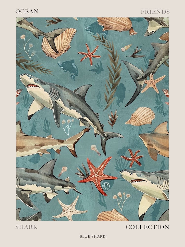 Pastel Blue Shark Watercolour Seascape Pattern 3 Poster