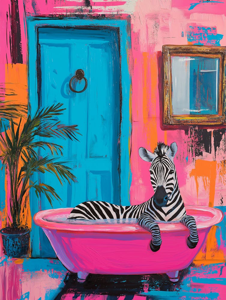 Zebra Relaxing In A Vibrant Pink Bathtub In Bathroom
