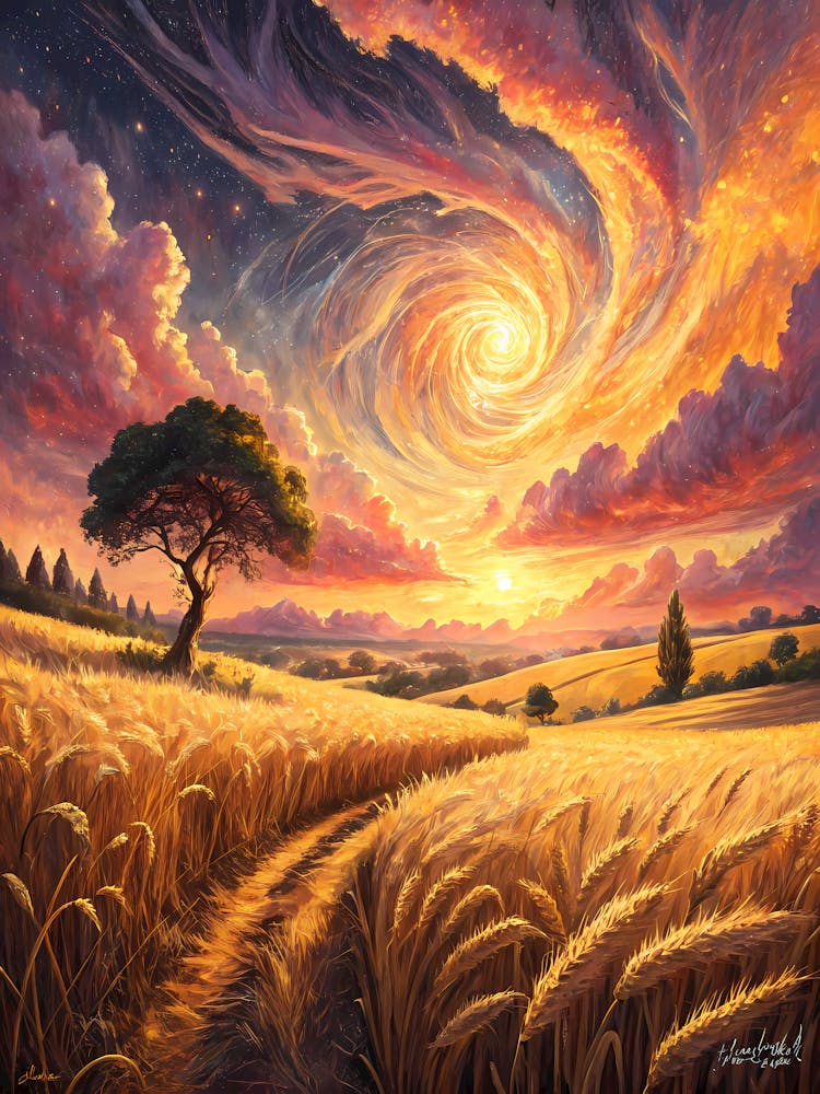 Oil Painting Style Golden Wheatfield Sunset Swirling Sky Landscape