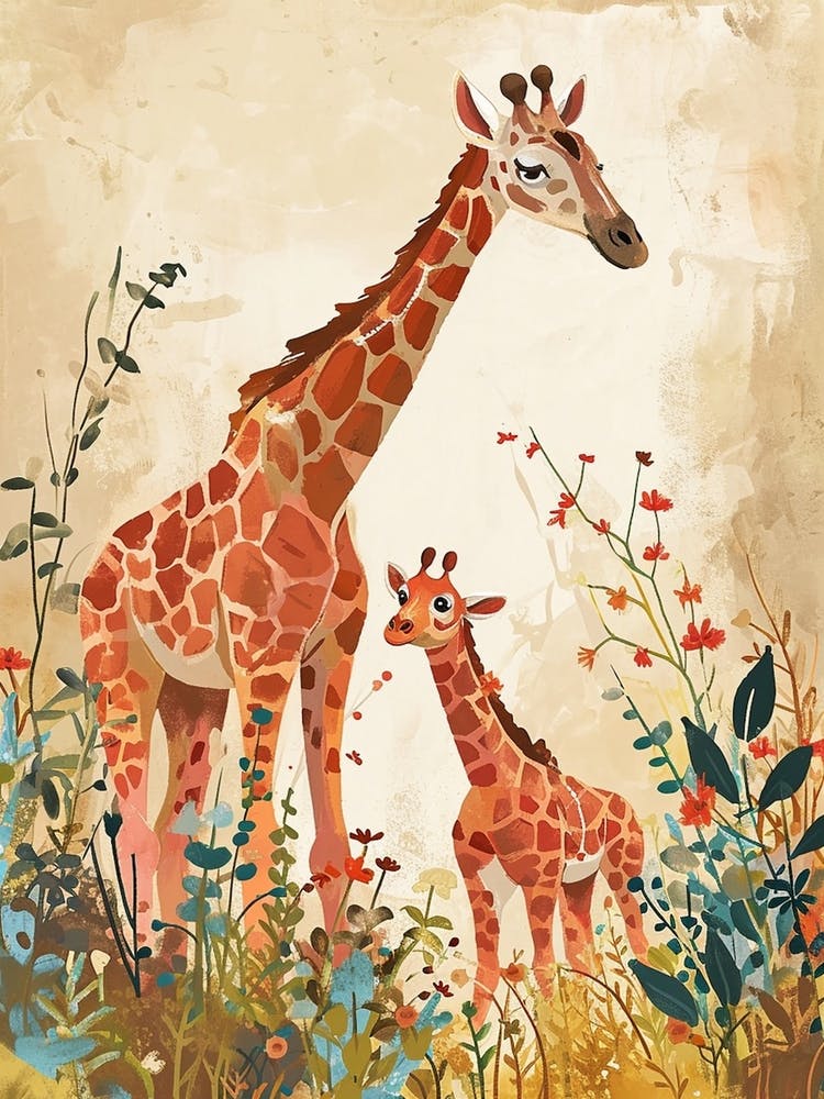 Mother Giraffe & Calf Colourful Illustration 2