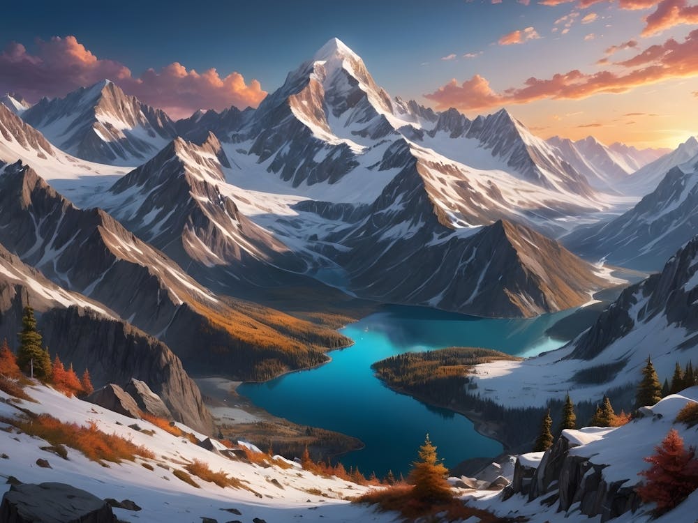 Majestic Mountain Landscape Print - Snowy Peaks & Turquoise Lake