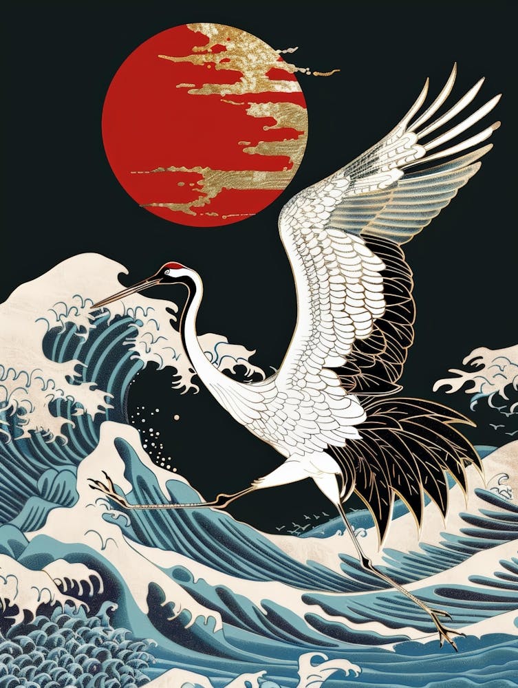 Crane Flying Over The Waves