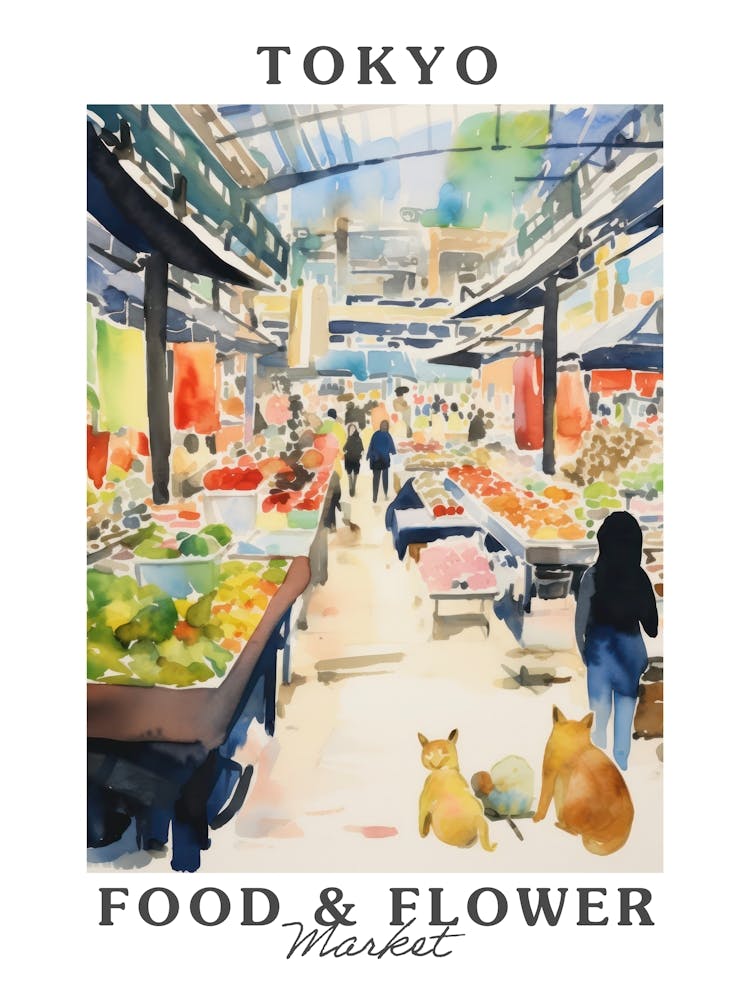 Lebensmittelmarkt mit Katzen in Tokio 1 Poster
