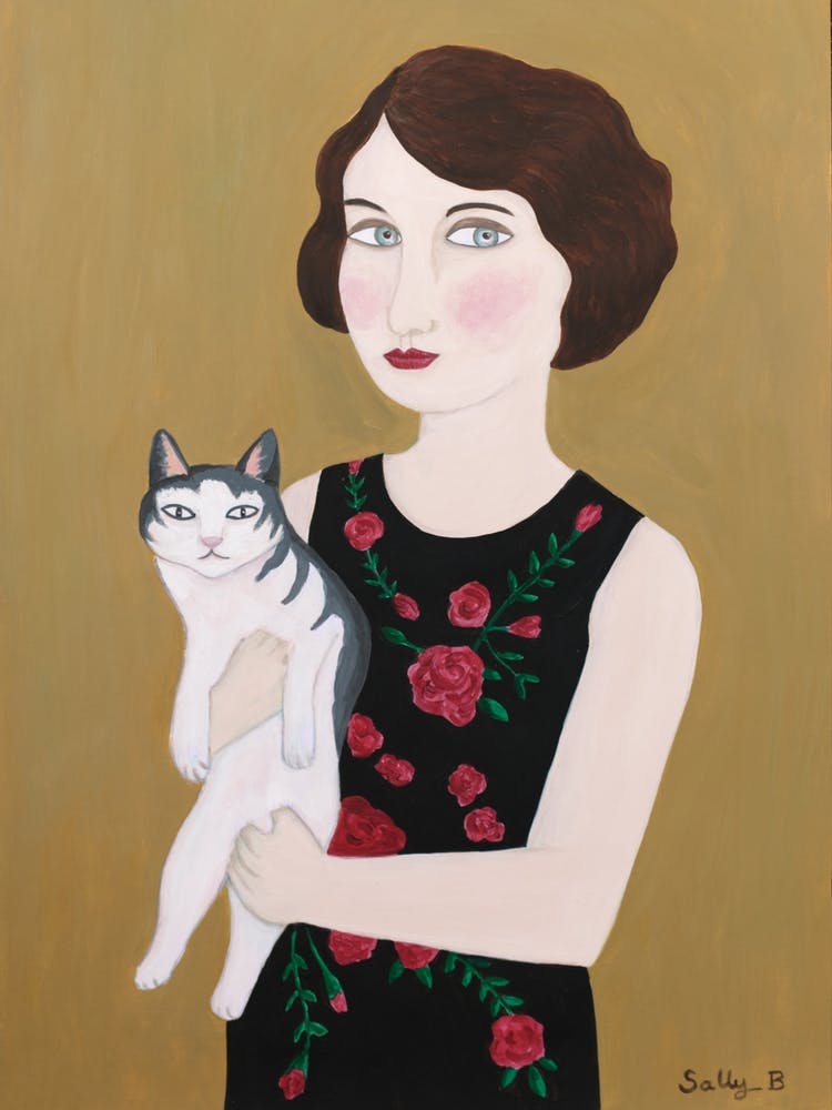 Woman In Rose Dress With Cat