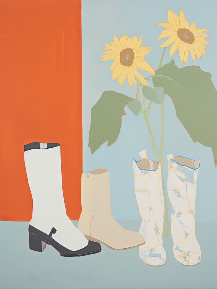 A Painting Of Cowboy Boots With Sunflower Flowers, Pop Art Style 3