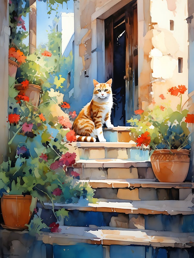 Cat On The Steps Italian Countryside