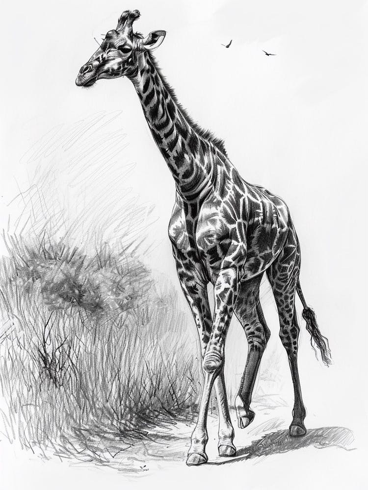 Giraffe In The Grass Pencil Drawing 2