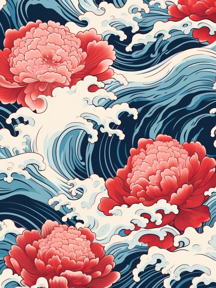 Great Wave With Peony Flower Drawing In The Style Of Ukiyo E 3