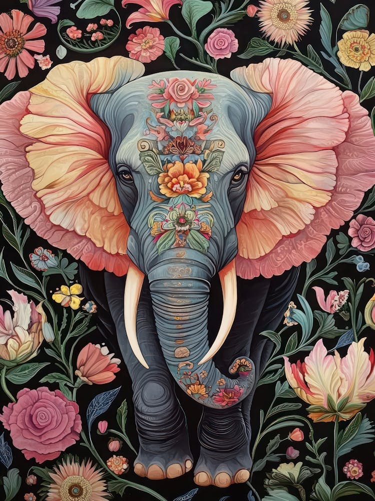 William Morris Elephant Pink Flowers Vintage 