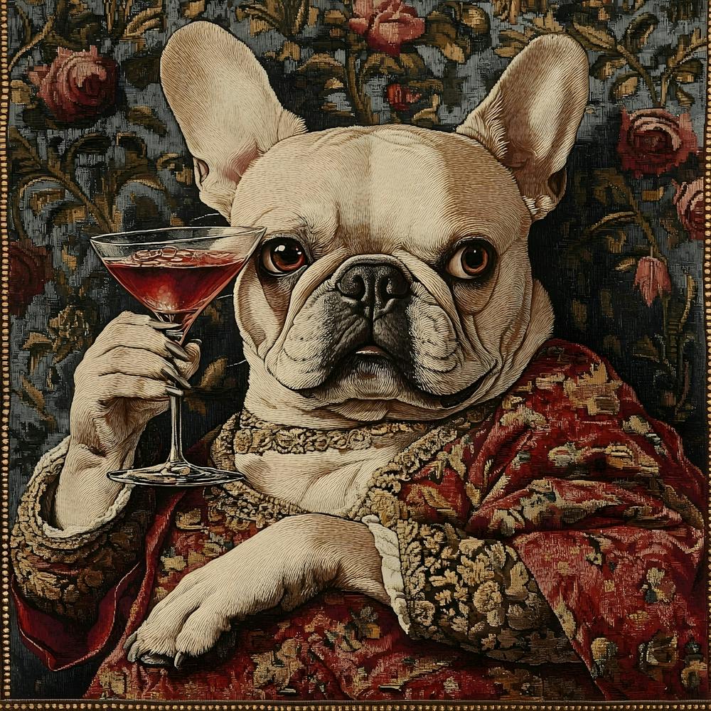 Tapestry Frenchie Drinking 1