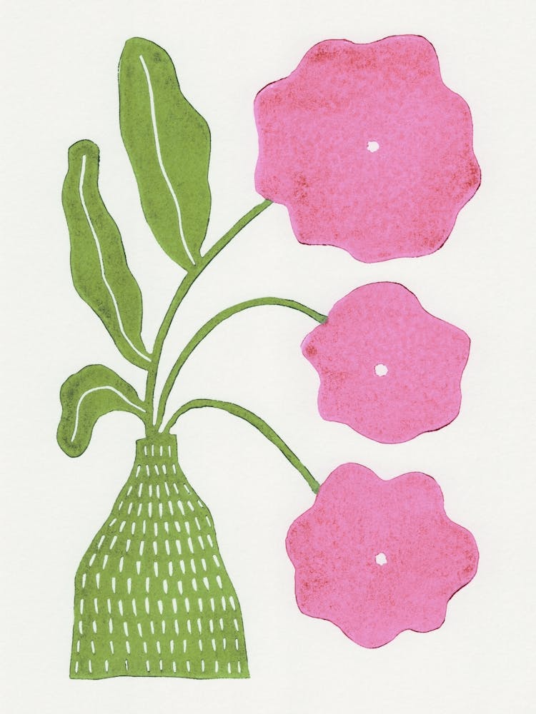 In Full Bloom / Green & Pink Lino Print
