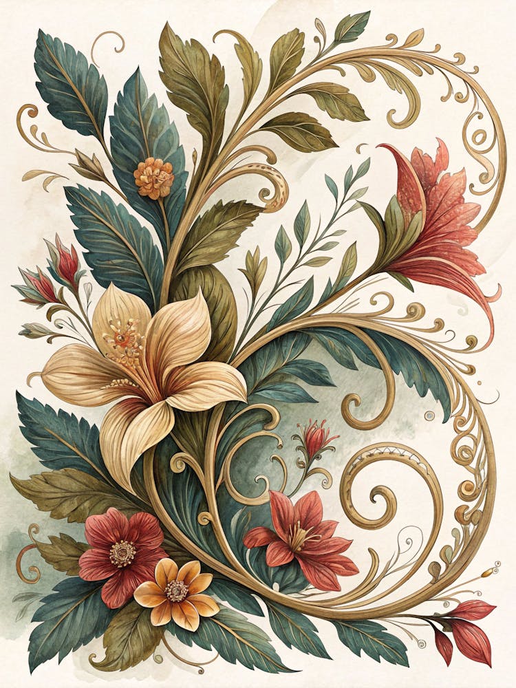 Oil Painting Style Elegant Botanical Swirl