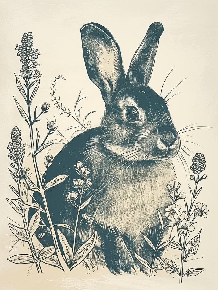 Blanc De Hotot Blockprint Rabbit Illustration 1