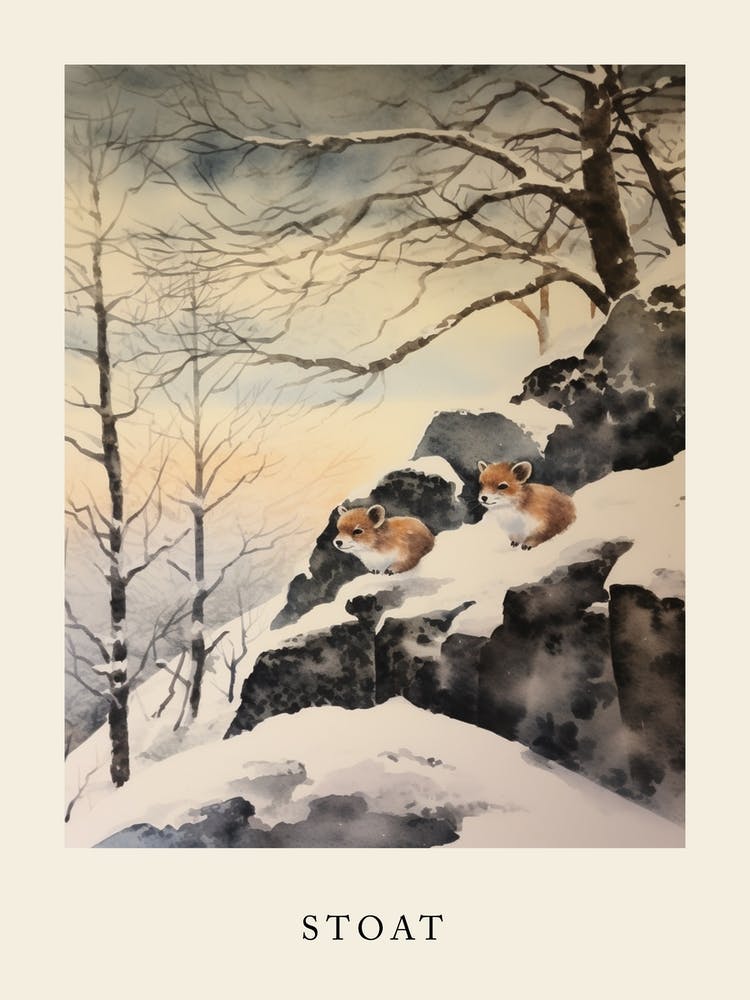 Winter Watercolour Stoat 1 Poster