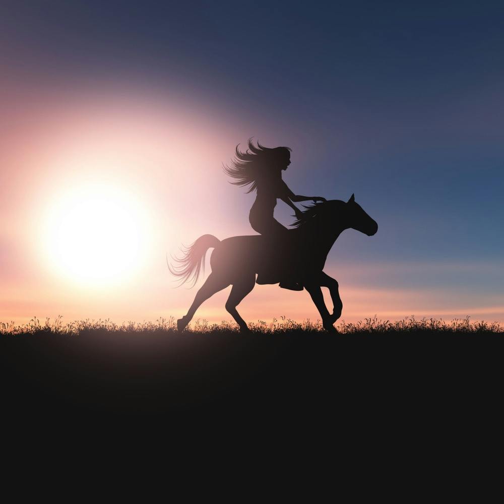 Silhouette einer Frau auf einem Pferd