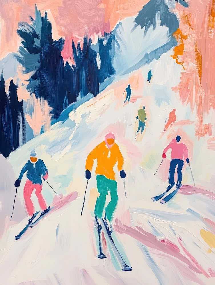 Skiers Matisse Style Winter Snow Painting