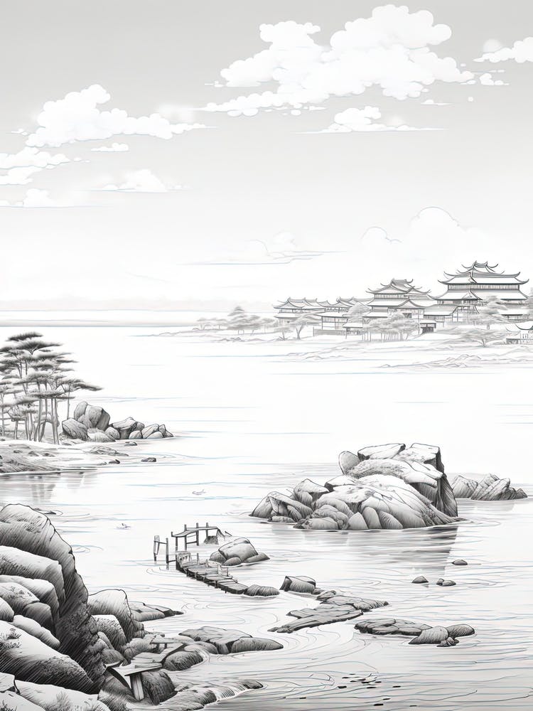 Sado Island In Niigata,, Ukiyo E Black And White Line Art Drawing 1