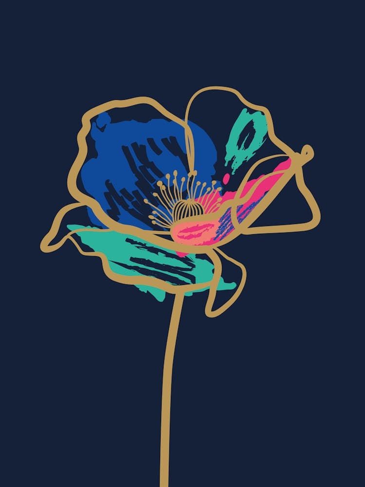 Poppies Minimal Line Art Dark Blue, Pink, Turquoise