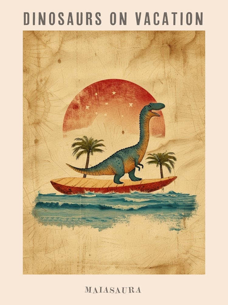 Vintage Maiasaura Dinosaur On A Surf Board 2 Poster