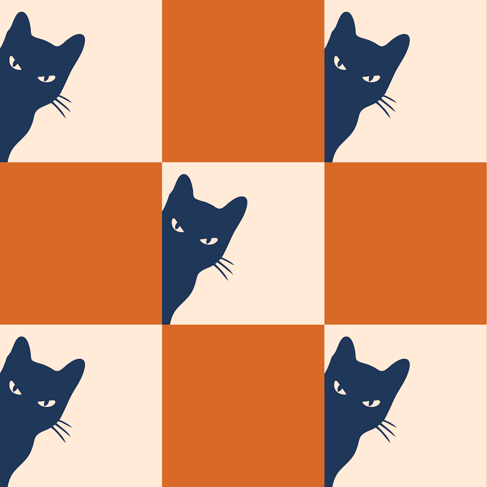 Playful Checker Board Cat Peeping Pattern 3 In Navy Blue Burnt Orange 02