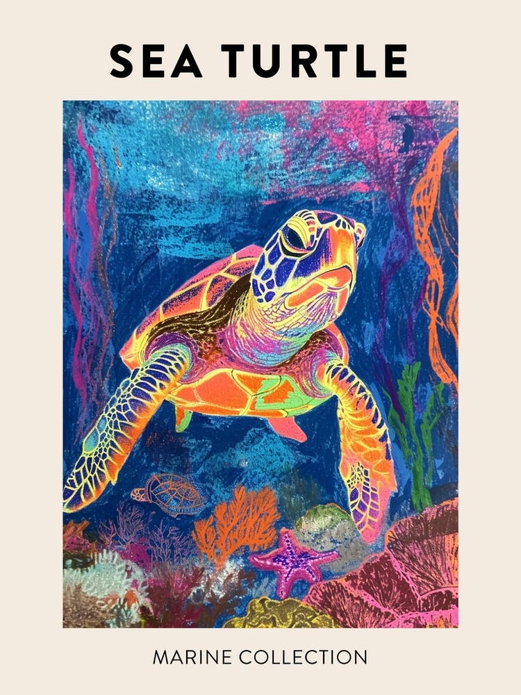 Rainbow Sea Turtle With Marine Plants Crayon Drawing Poster