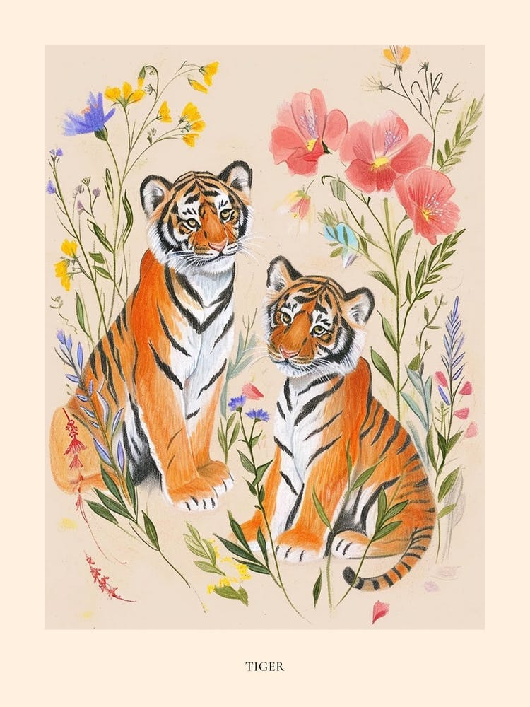 Folksy Floral Animal Drawing Tiger 9 Poster