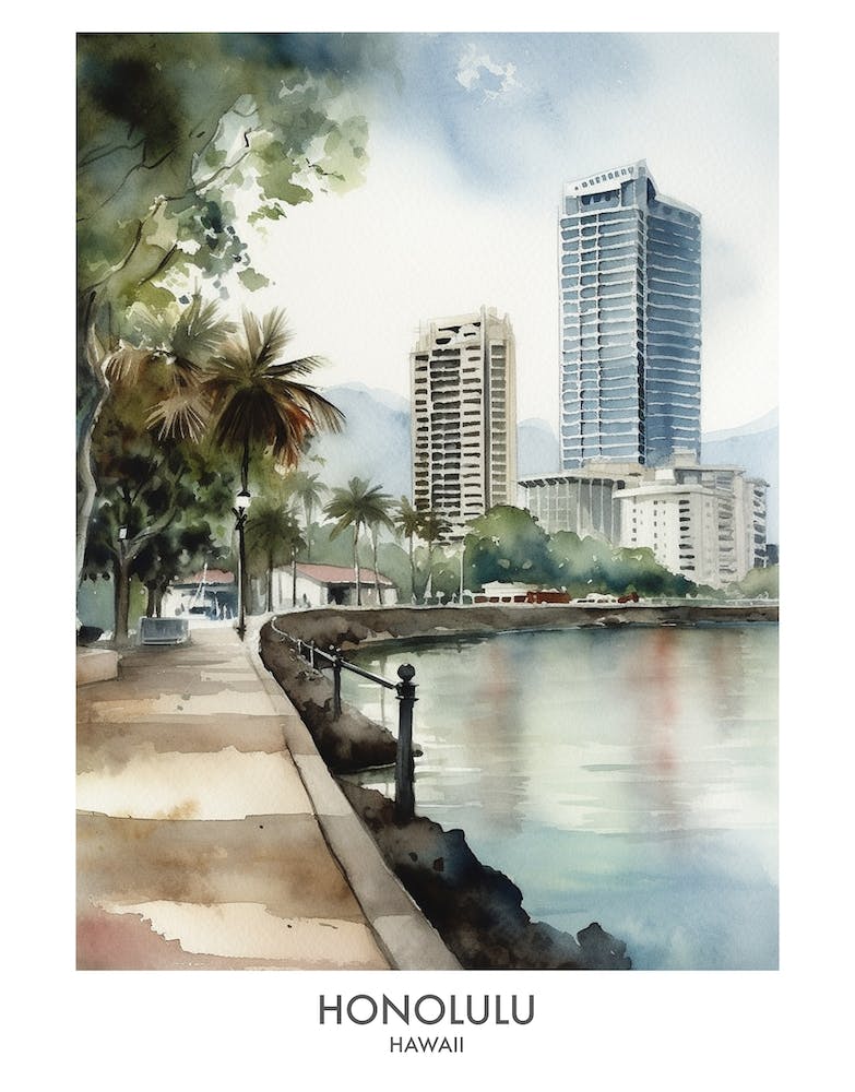 Honolulu 1 Affiche de voyage à l'aquarelle