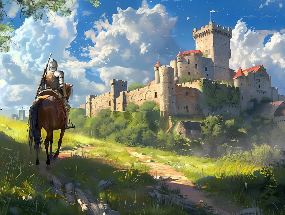 Knight Is Walking Towards A Castle