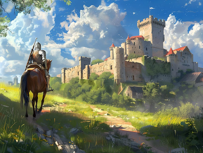 Knight Is Walking Towards A Castle