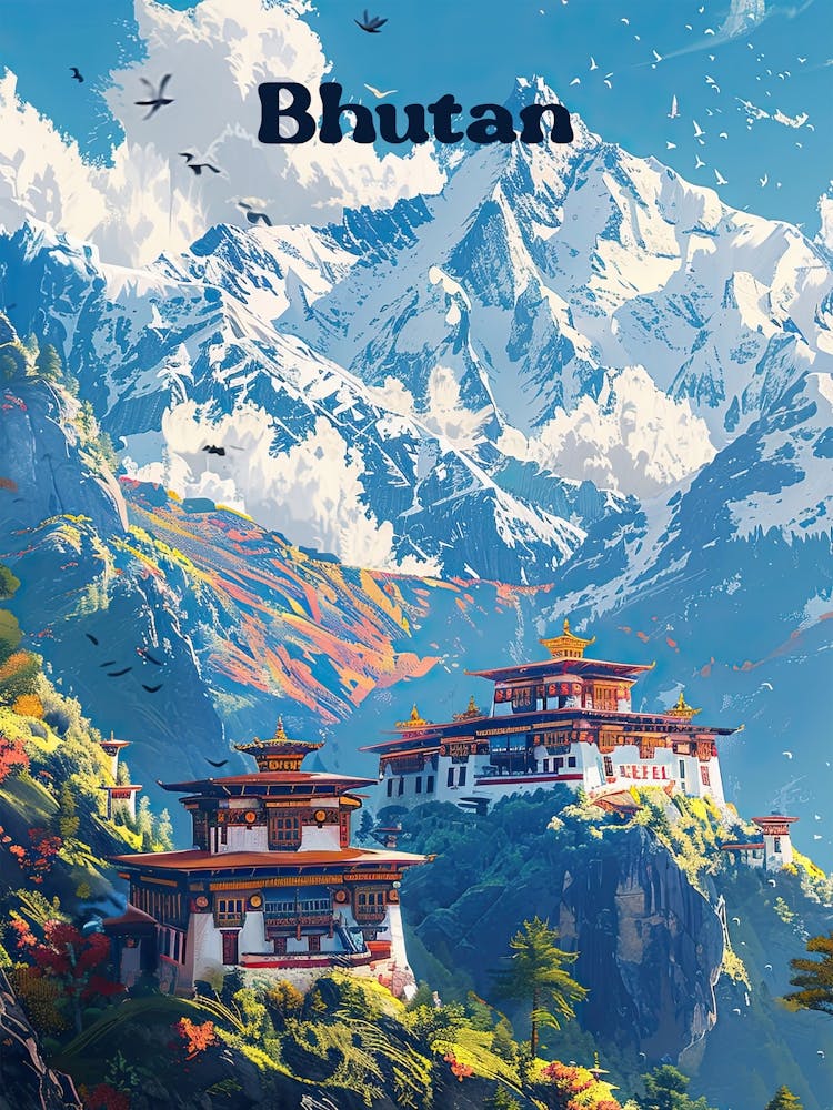 Bhutan Himalayas - Illustration d'Art de Voyage