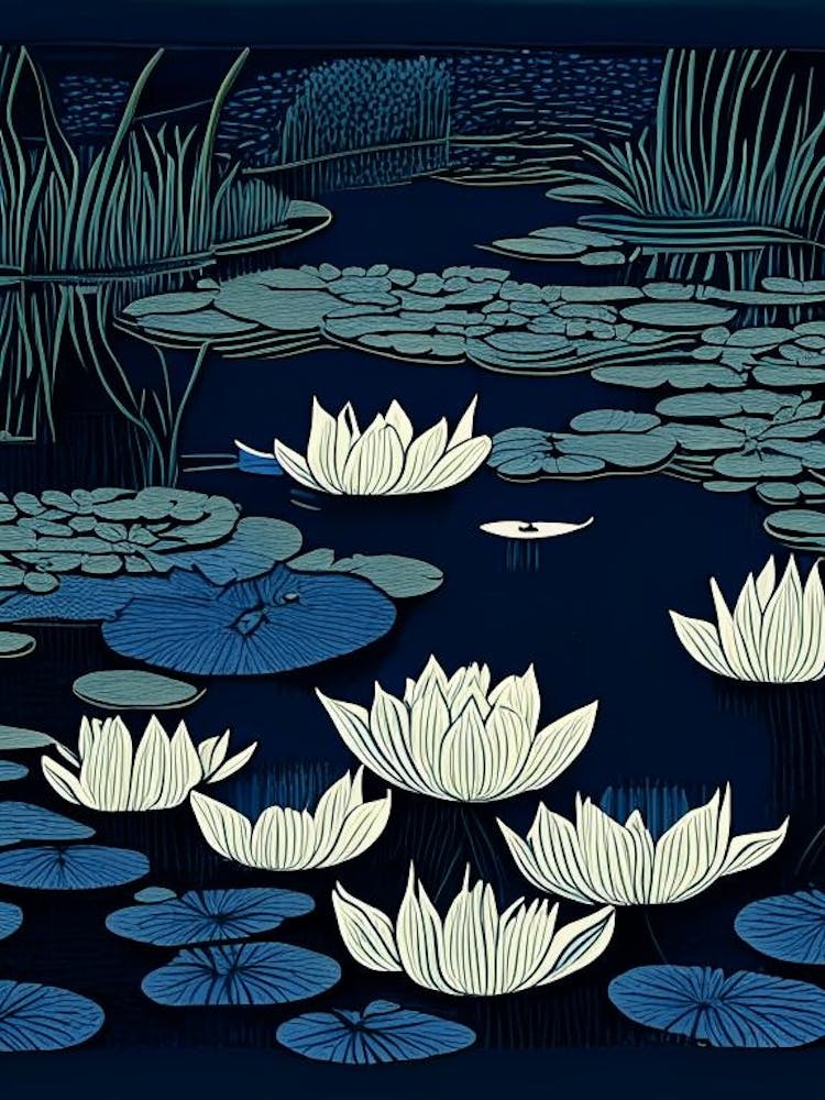 Pond With Lily Pads Water Waterscape Linocut 1