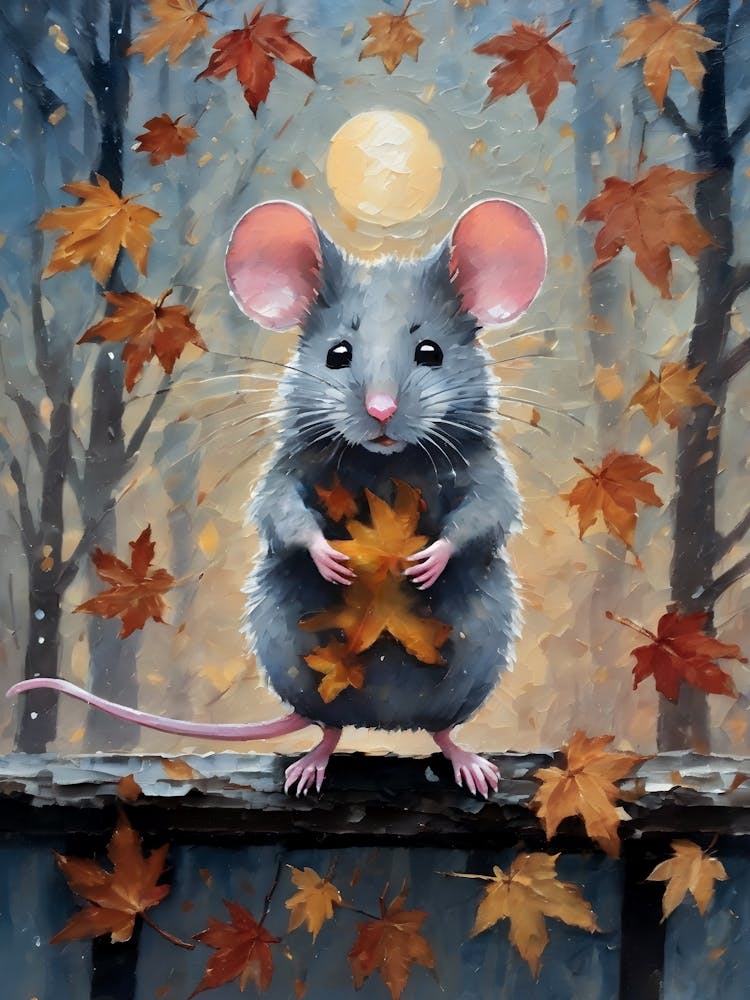 Cottagecore Mouse in Autumn Forest - Acrylic Paint Little Fall Mice Art with Falling Leaves at Night on a Full Moon, Perfect for Witchcore Cottage Core Pagan Tarot Celestial Zodiac Gallery Feature Wall Beautiful Woodland Creatures Series HD