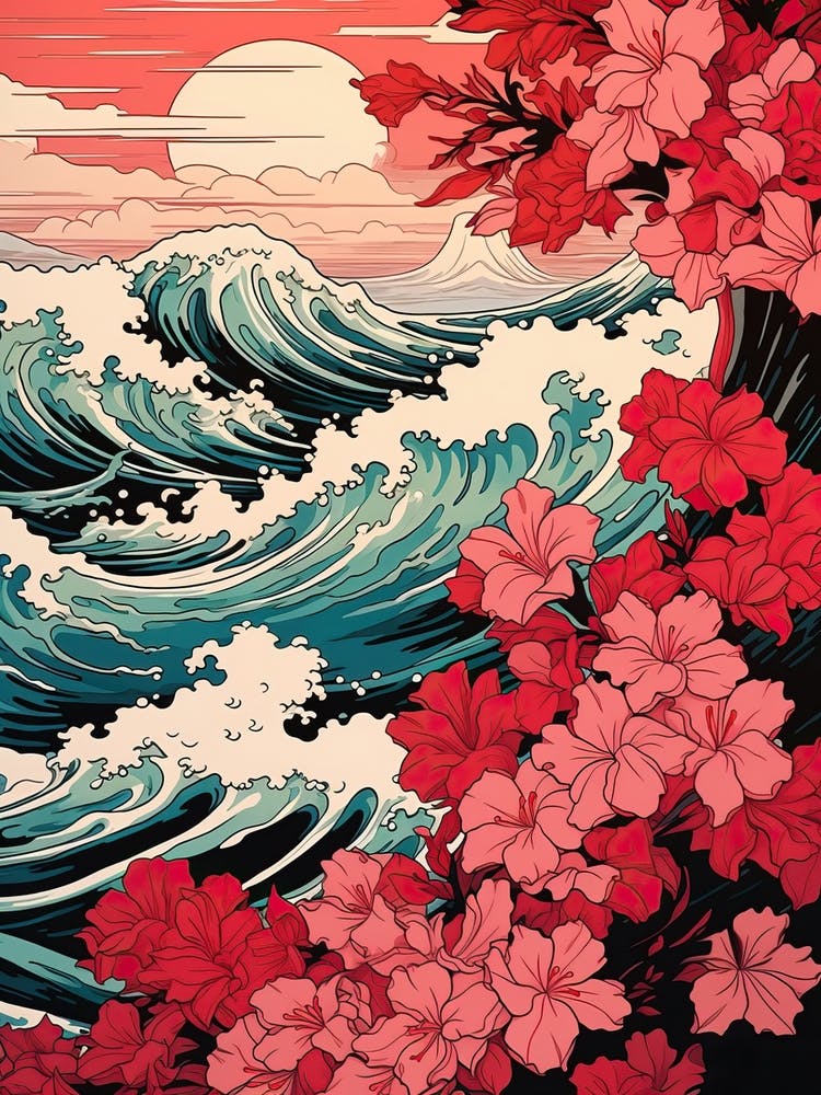 Great Wave With Bougainvillea Flower Drawing In The Style Of Ukiyo E 3
