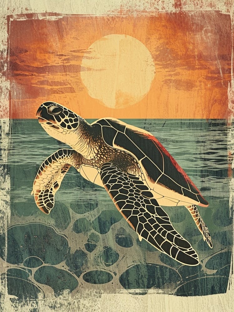 Vintage Sea Turtle At Sunset Painting 4