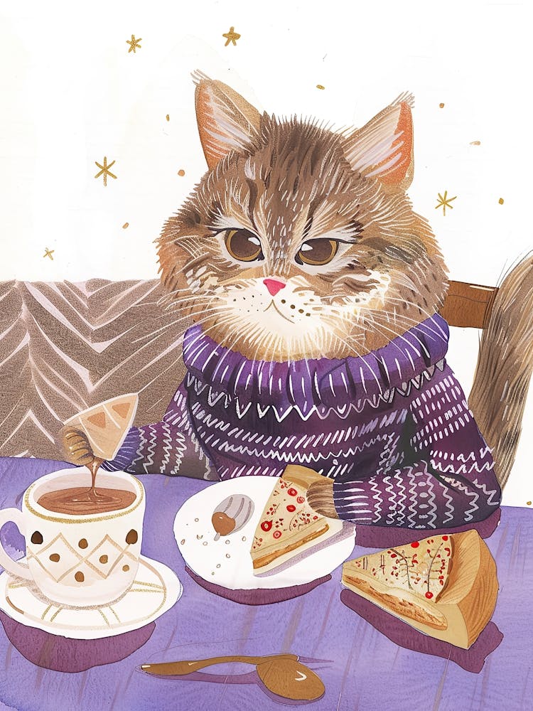 Brown Cat Having Breakfast Folk Illustration 2