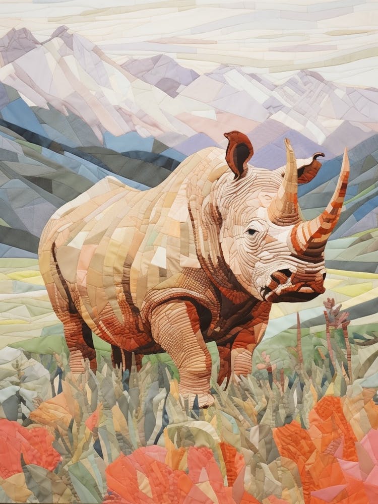 Patchwork Floral Rhino With Mountain In The Background 7