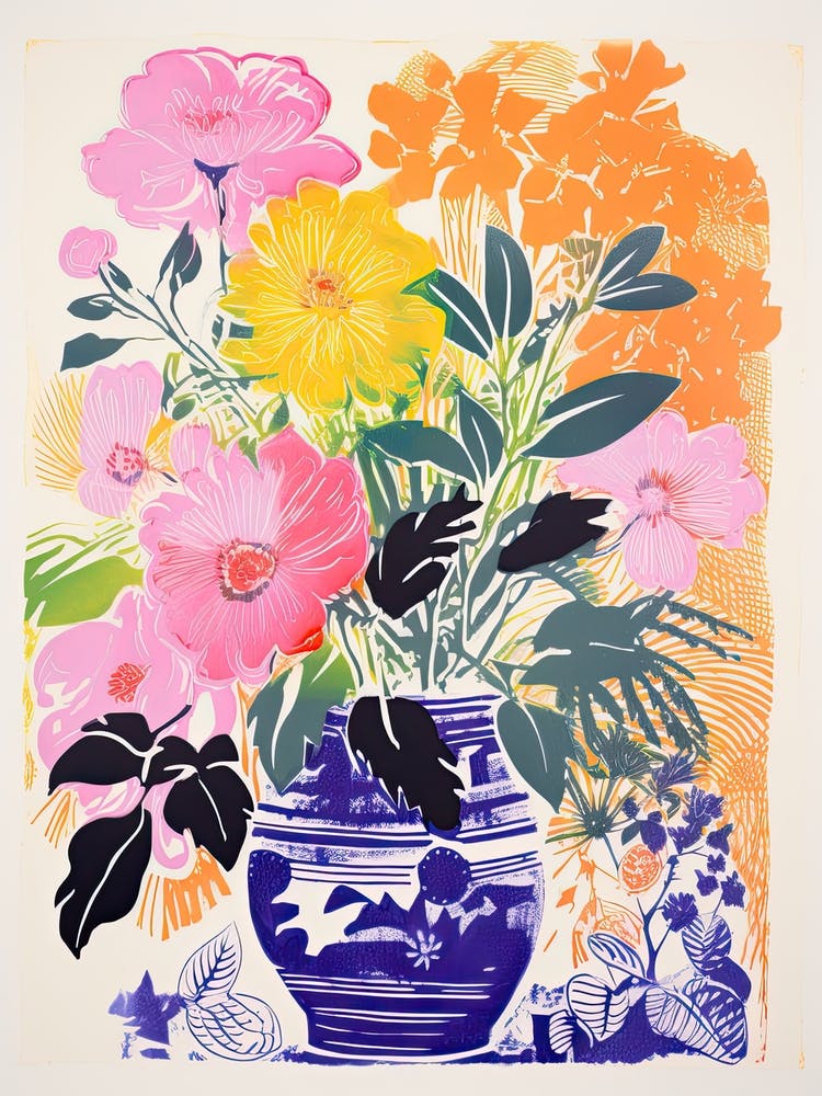 Colourful Flowers In A Vase In Risograph Style 2