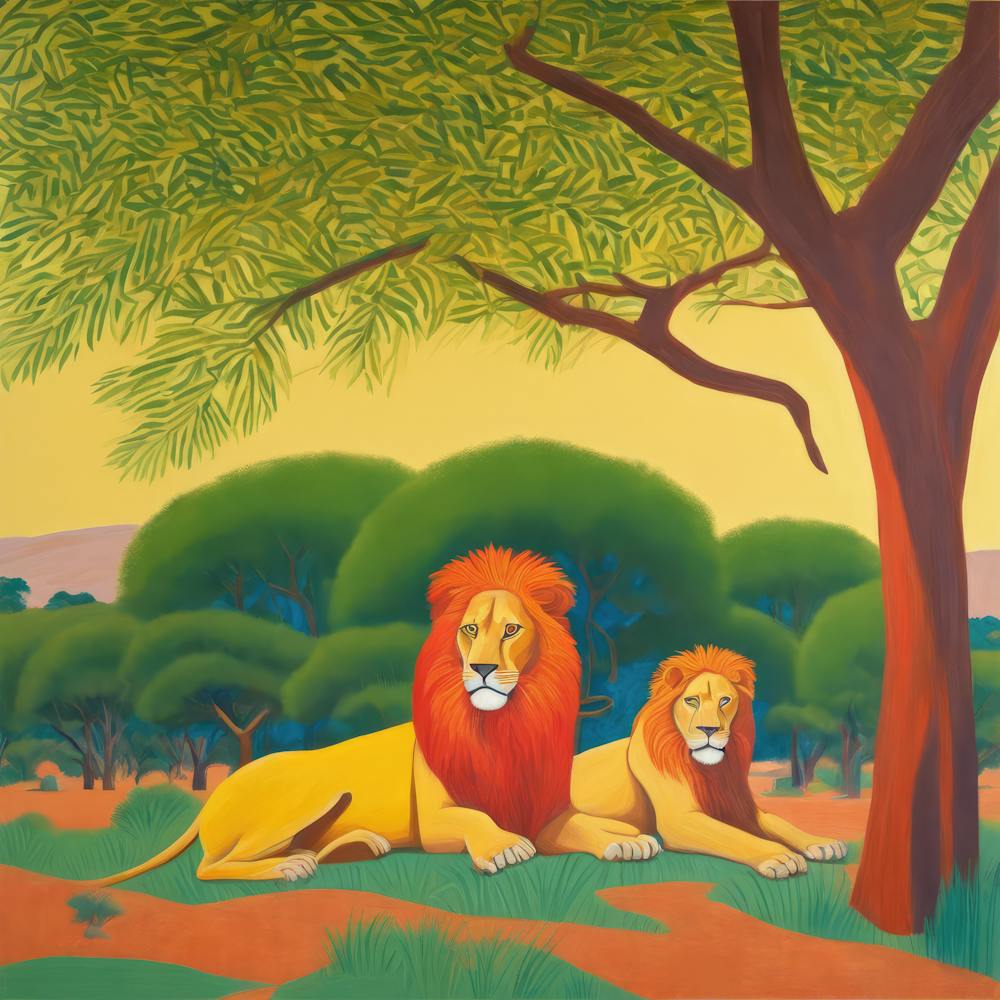 Lions Resting under Acacia Trees Series. Style of David Hockney 2