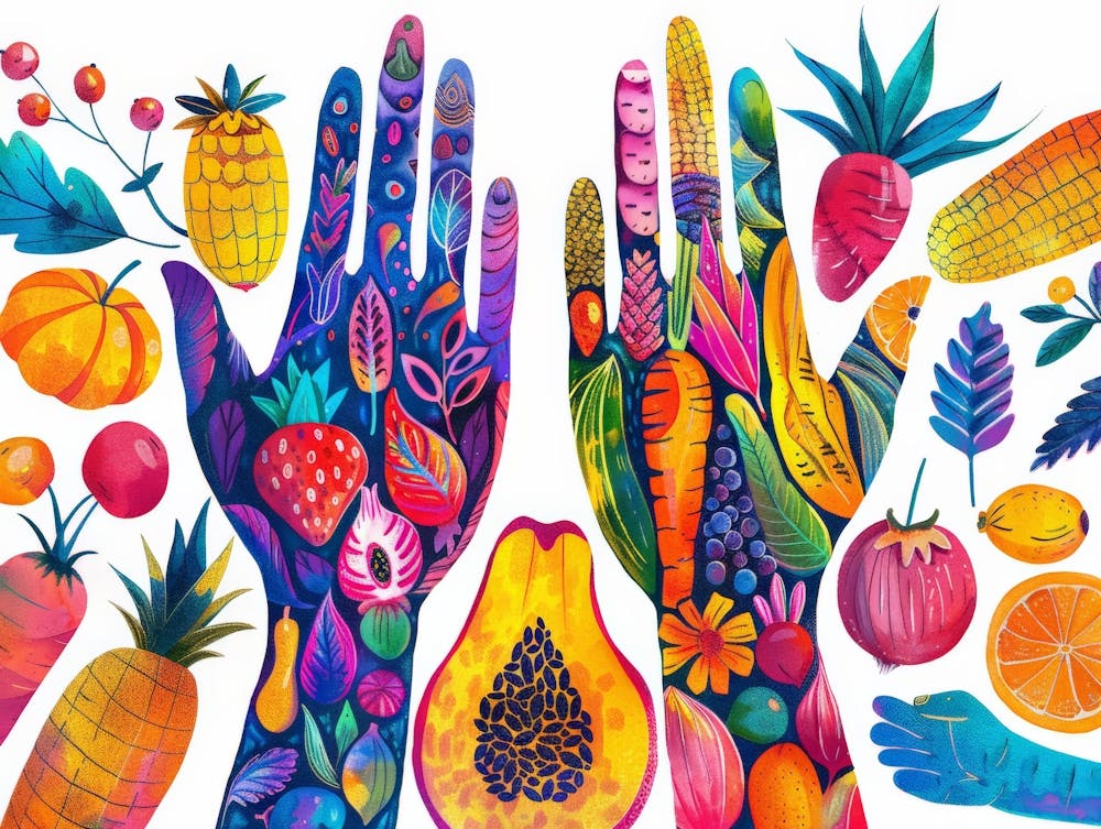 Colorful Hands With Fruit And Vegetables