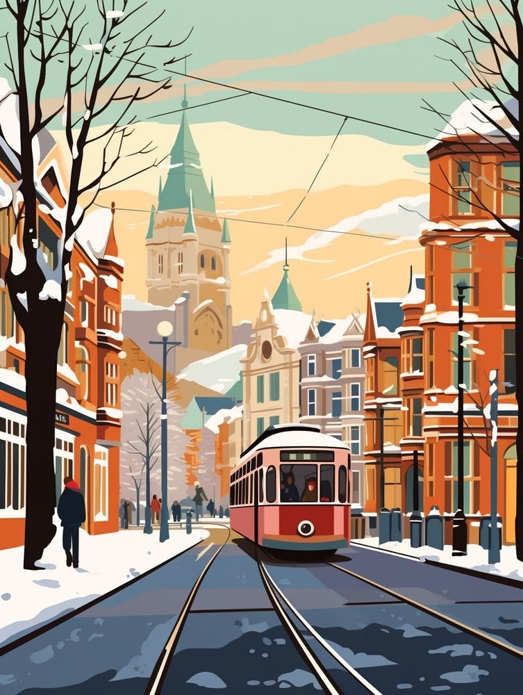 Vintage Winter Travel Illustration Belfast Northern Ireland 2