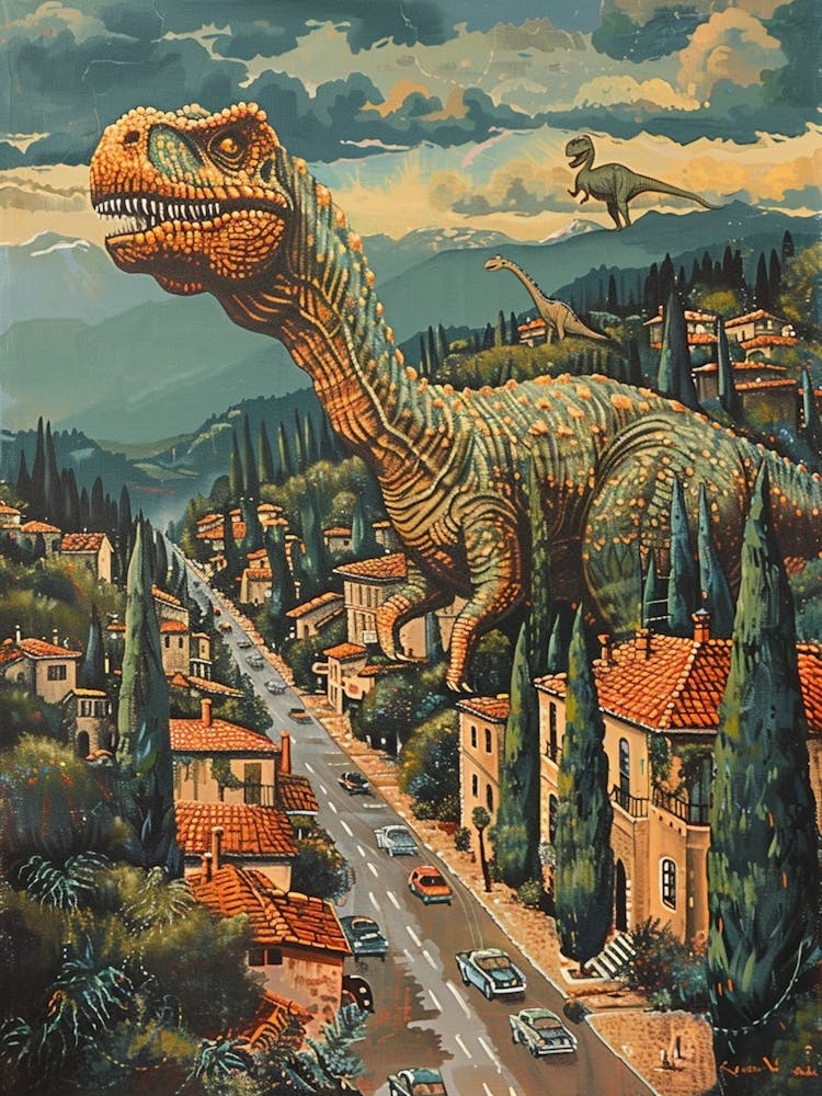Dinosaurs Roaming In A Mediterranean Village