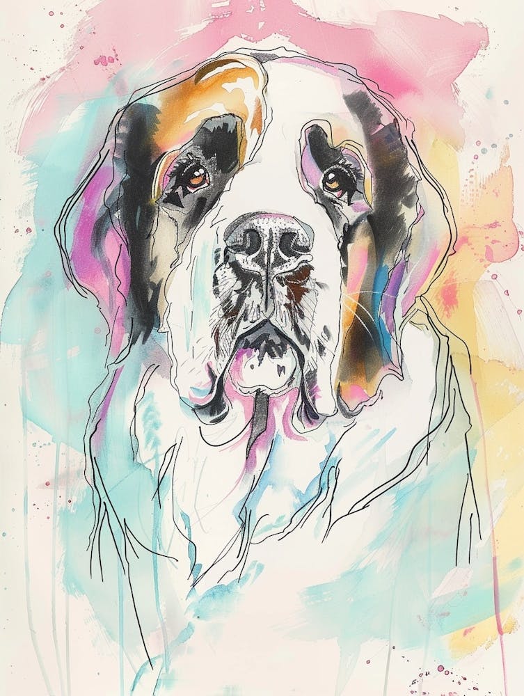 St Bernard Dog Pastel Line Watercolour Illustration  4