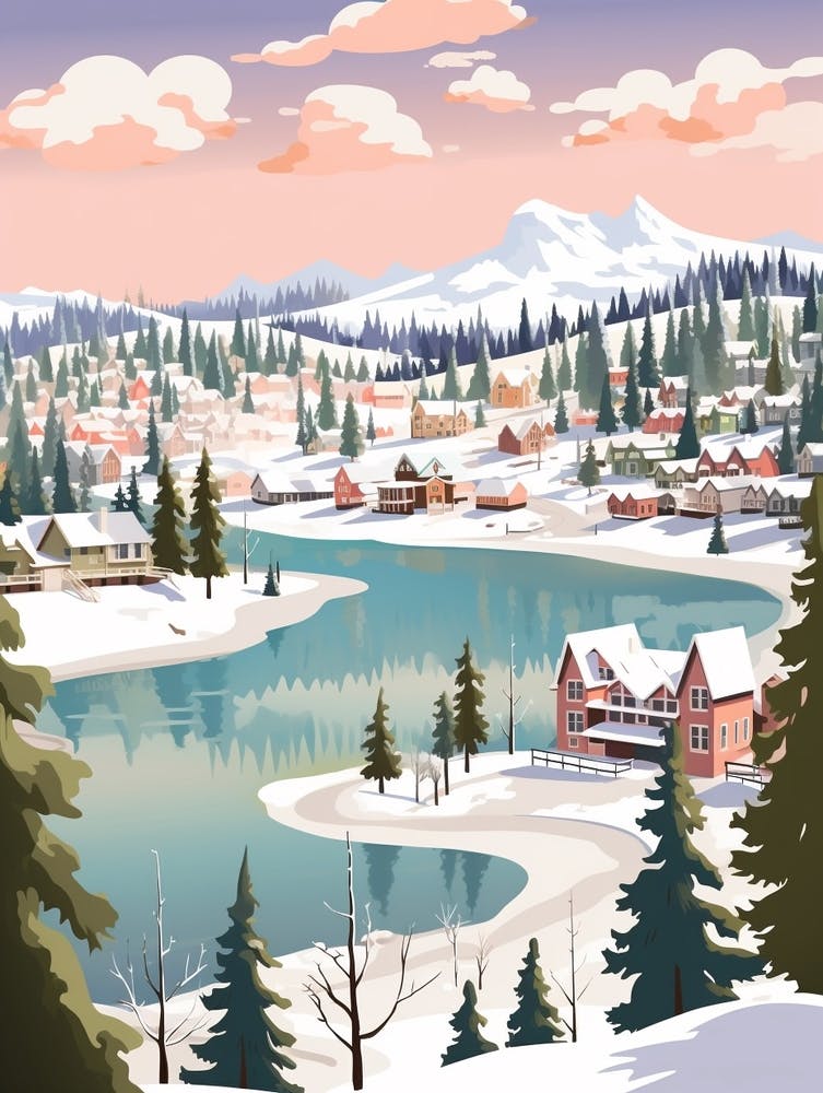 Vintage Winterreise-Illustration Big Bear Lake Kalifornien 2