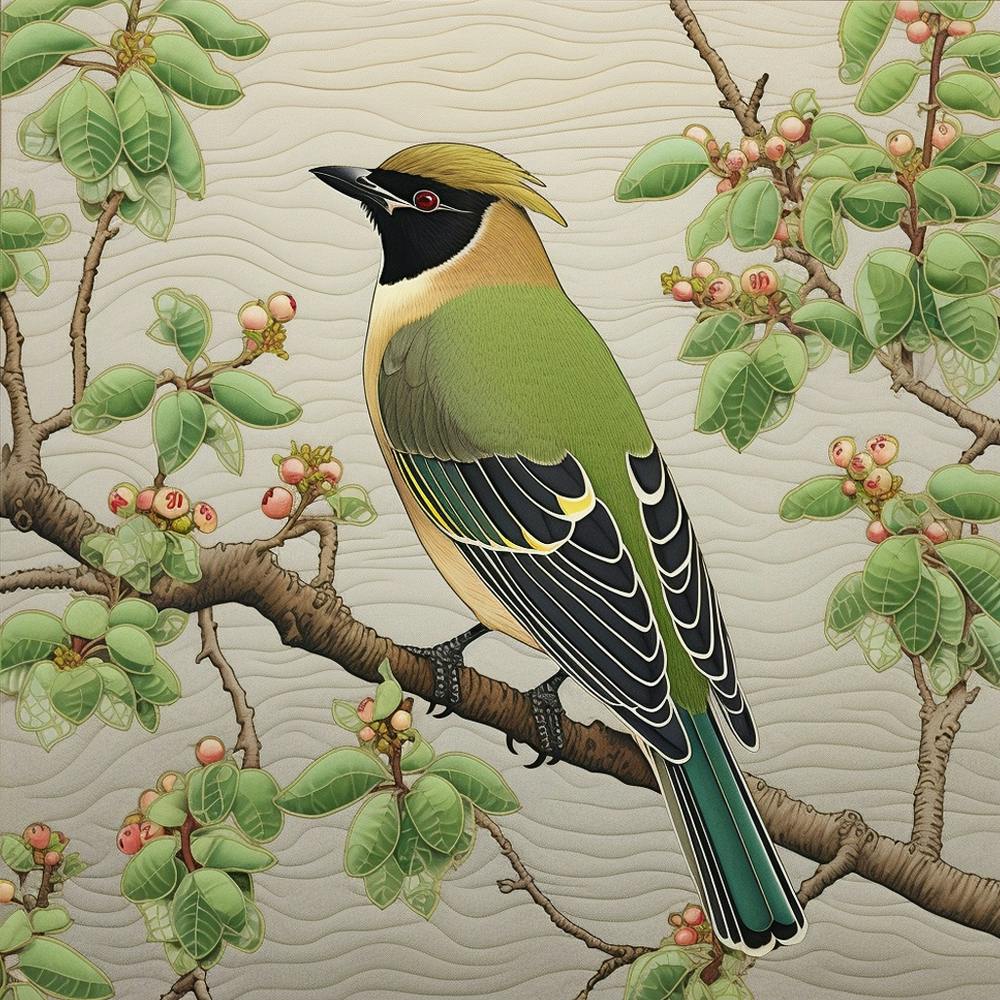 Ohara Koson Inspired Bird Painting Cedar Waxwing 2 Square