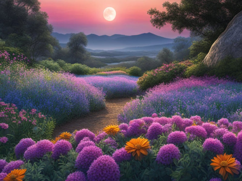 Purple Flower Field At Sunset